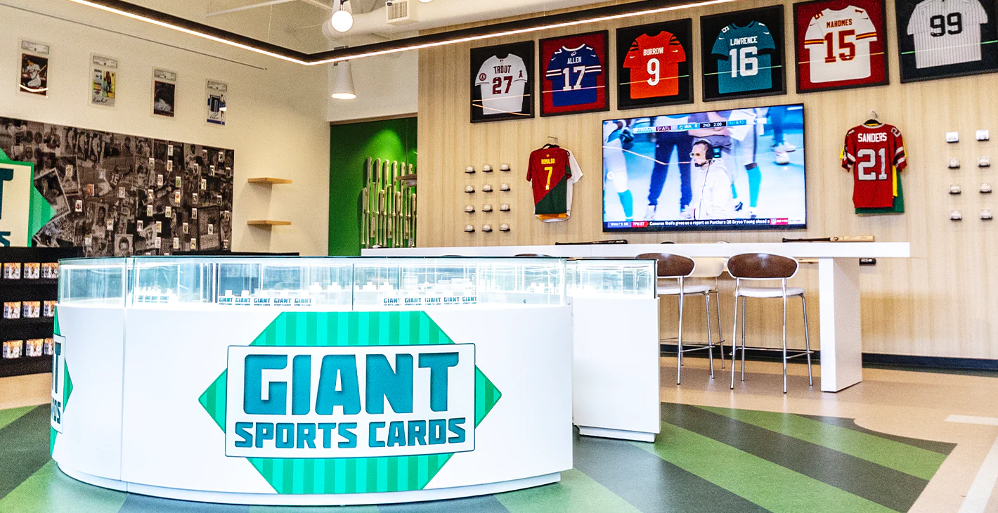 Giant Sports Cards’ wall of sports cards and signed jerseys