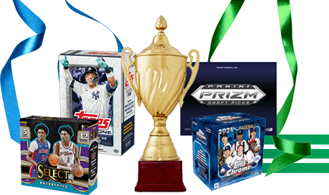 sports card boxes next to a trophy and ribbon